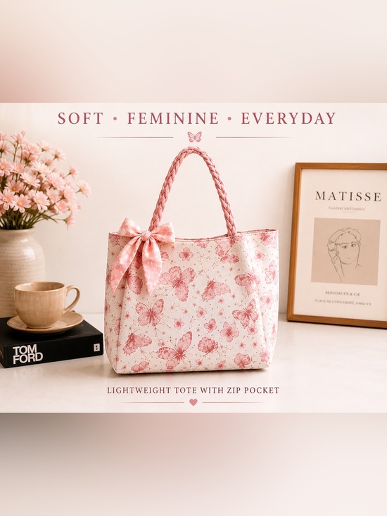 Handbags - Pink Butterfly Bow Tote Bag Coquette Soft Girl Feminine Everyday Shoulder Bag